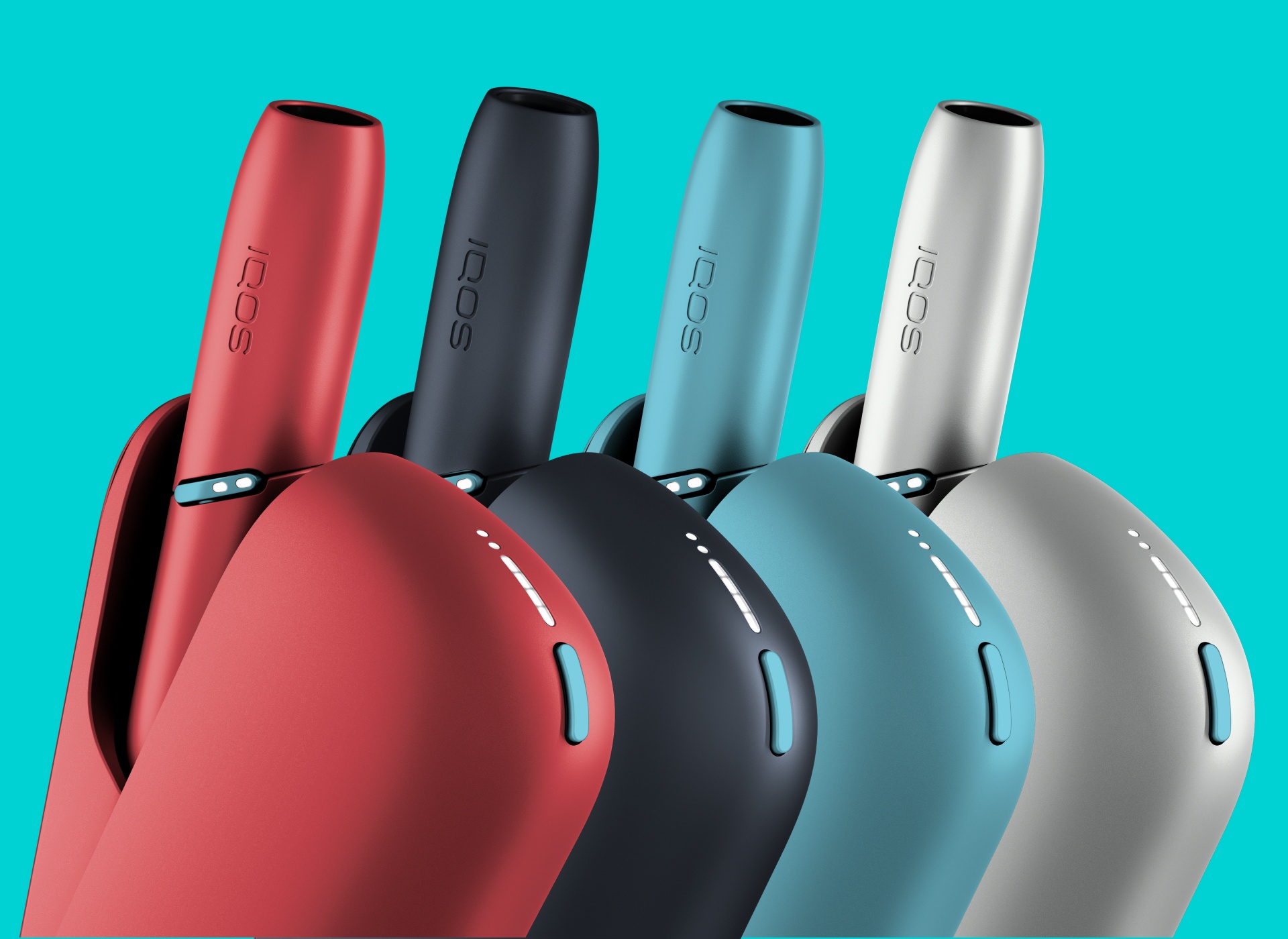 4 colores vibrantes que descubrir del nuevo IQOS ORIGINALS DUO, el dispositivo que calienta tabaco en: turquoise, red, silver y black.