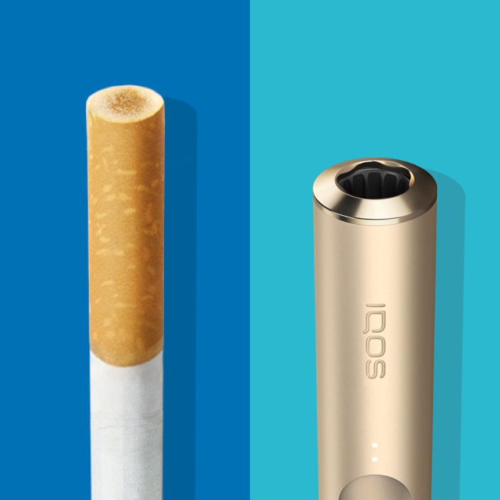 Filtro de cigarrillo con manchas marrones de combustión comparado con una unidad de tabaco TEREA en un dispositivo IQOS ILUMA sin ninguna mancha equivalente.
